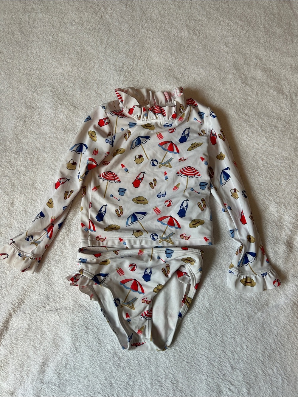 Janie and Jack White Two-Piece Beach Rash Guard with Red & Blue Print